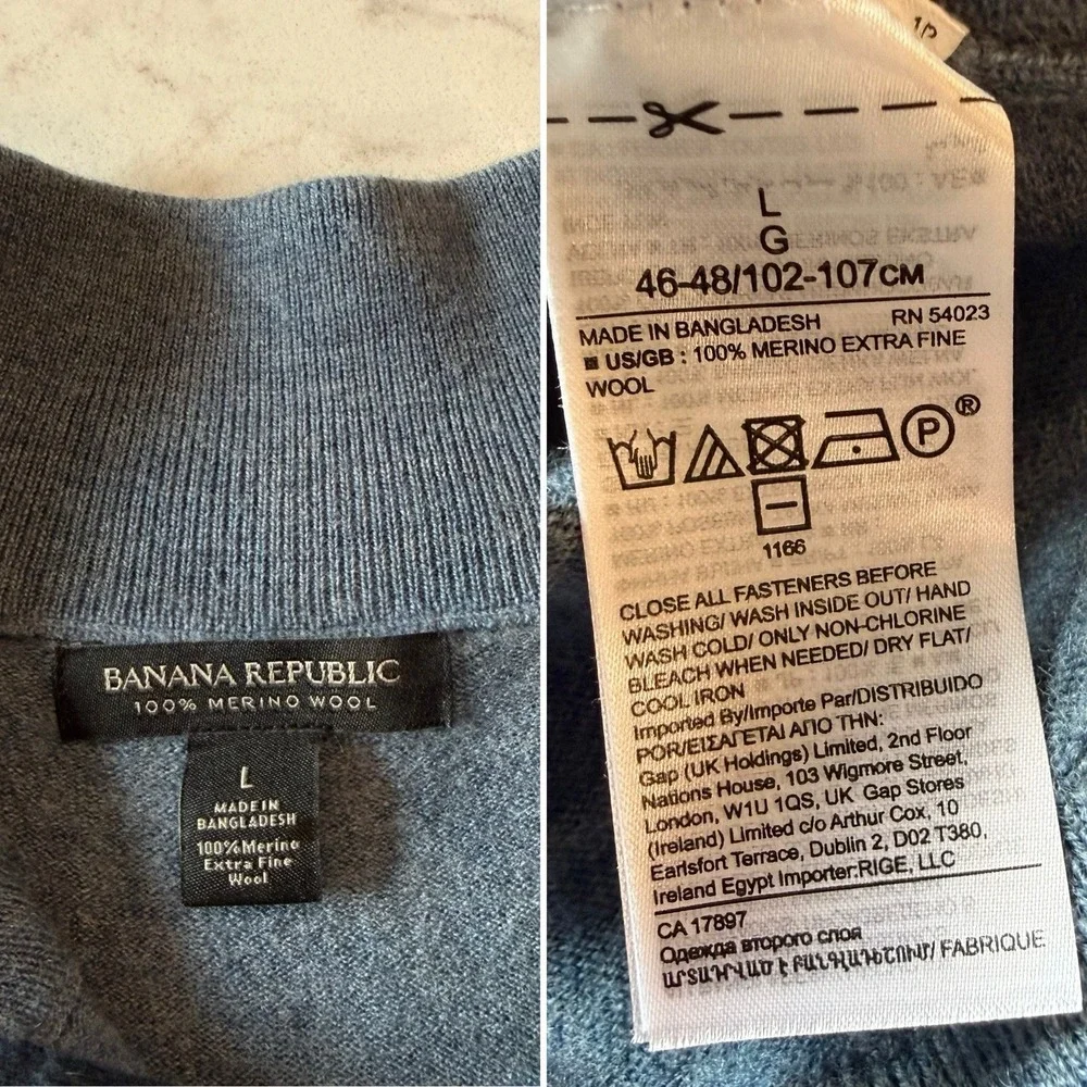 Banana Republic Blue Heather 100% Merino Wool Long Sleeve 1/4 Zip